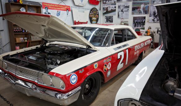 Red racecar with hood up